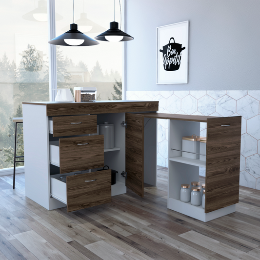 Modern Grecia Kitchen Base Cabinet with Three Drawers and Two Shelves - White & Dark Walnut