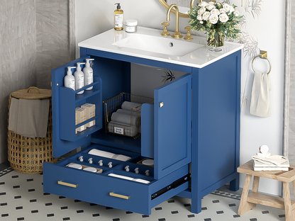 30-Inch Elegant Blue Bathroom Vanity with Ceramic Sink, Stylish Storage Cabinet Featuring Soft-Close Doors and Multifunctional Drawers