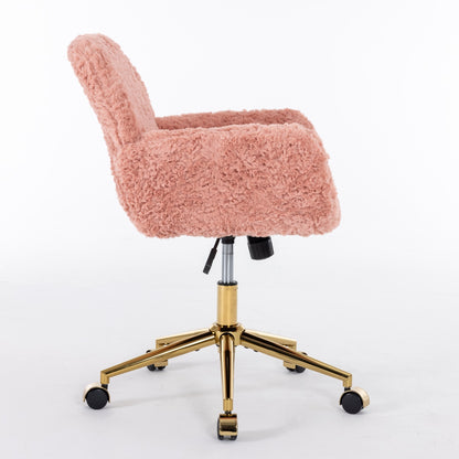 Elegant Pink Upholstered Office Chair with Golden Base - Adjustable Swivel Vanity Chair with Rabbit Fur Cushion
