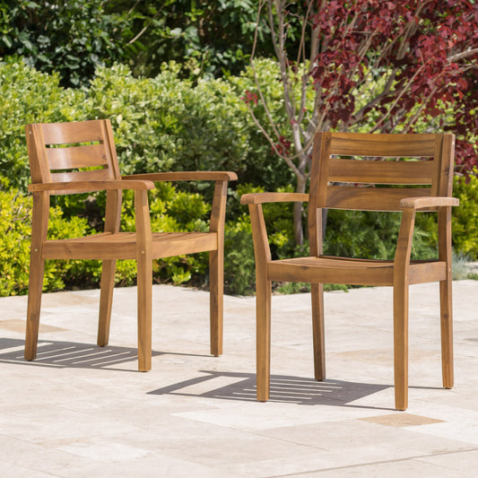 Set Of 2 Acacia Wood Outdoor Dining Armchairs For Patio, Garden, Poolside And Backyard, Weatherproof Construction Teak