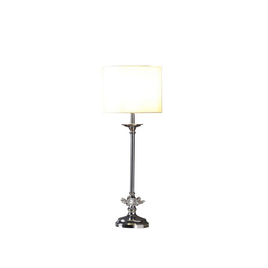 Buffet-Style Crystal Floral Table Lamp, 25.5-Inch Tall, White Drum Shade, Inline Switch, Chrome finish