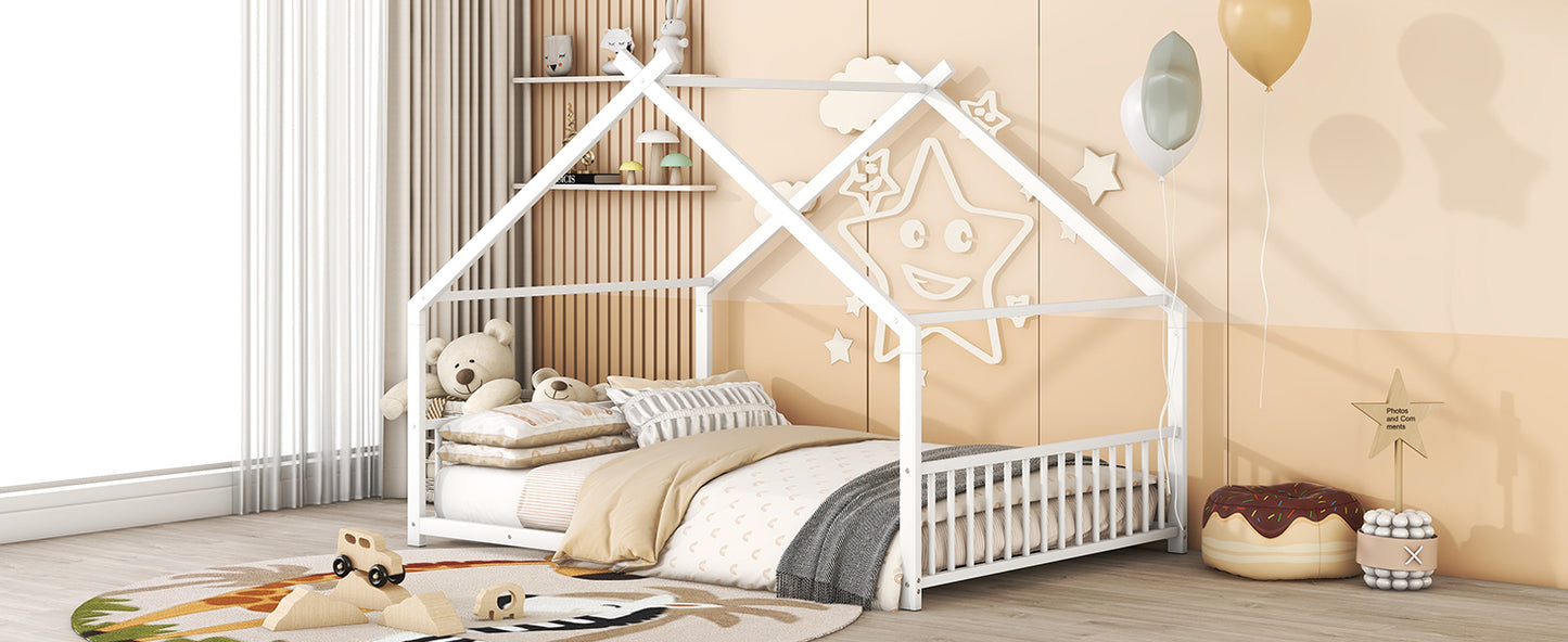 Whimsical White Full Size Metal House Bed for Kids