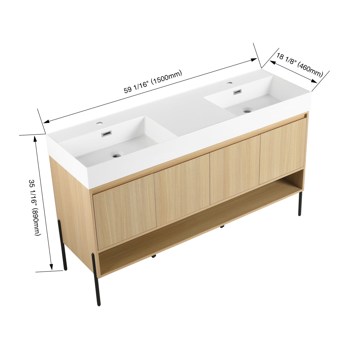 60-Inch Modern Oak Bathroom Vanity Set with Single Resin Sink and 4-Door Storage Cabinet