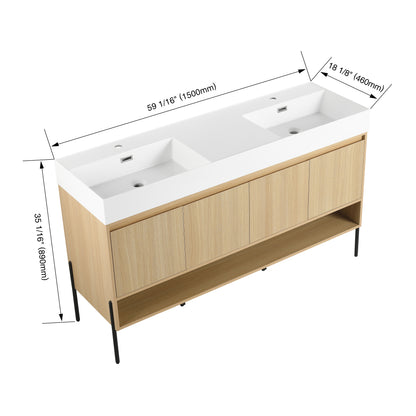 60-Inch Modern Oak Bathroom Vanity Set with Single Resin Sink and 4-Door Storage Cabinet