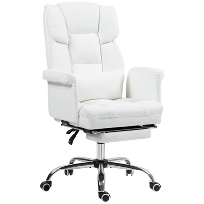 Luxurious White PU Leather Ergonomic Office Chair with Reclining Function, Footrest, and Lumbar Support