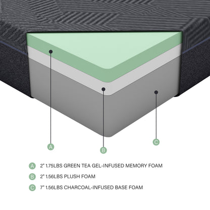 Queen 11-Inch Gel-Infused Memory Foam Mattress with Green Tea - Gray, Boxed for Easy Delivery