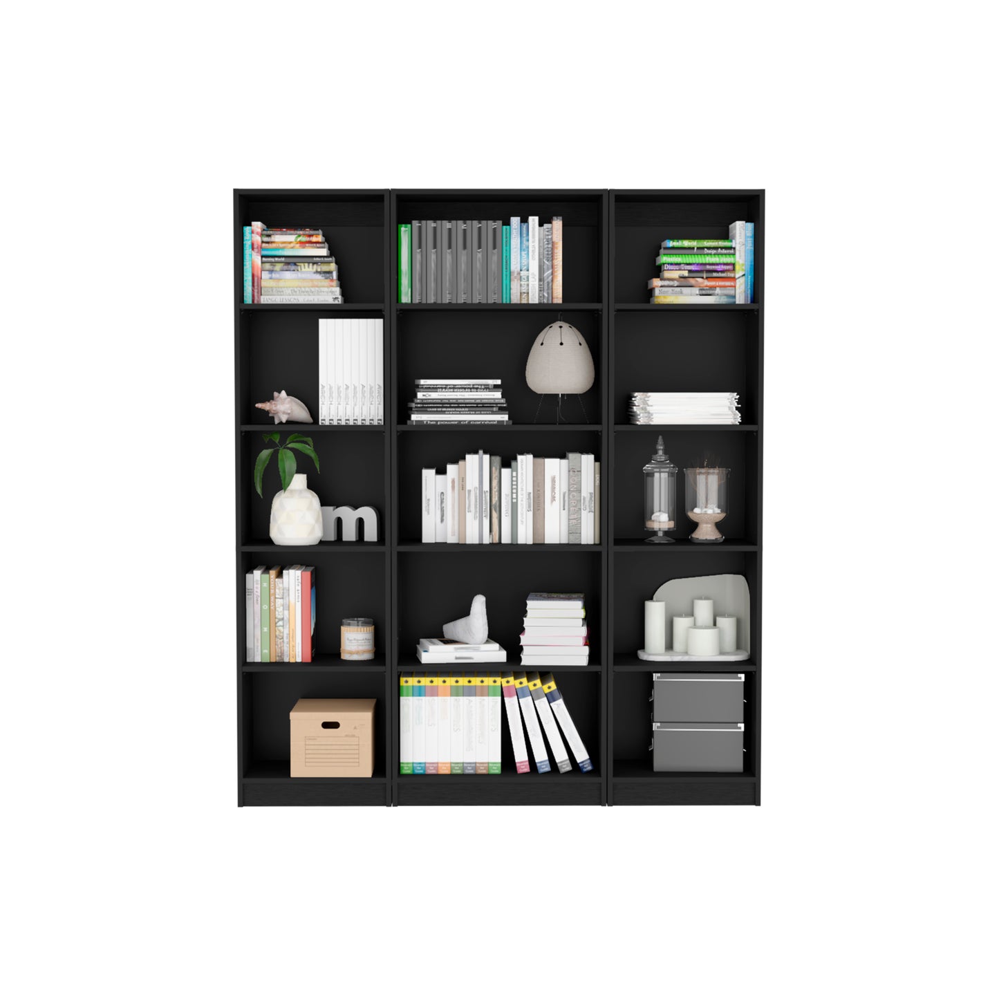 Modern 3-Piece Black Bookcase Set with 15 Shelves for Stylish Living Room Storage