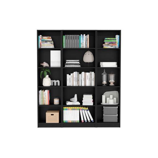 Modern 3-Piece Black Bookcase Set with 15 Shelves for Stylish Living Room Storage