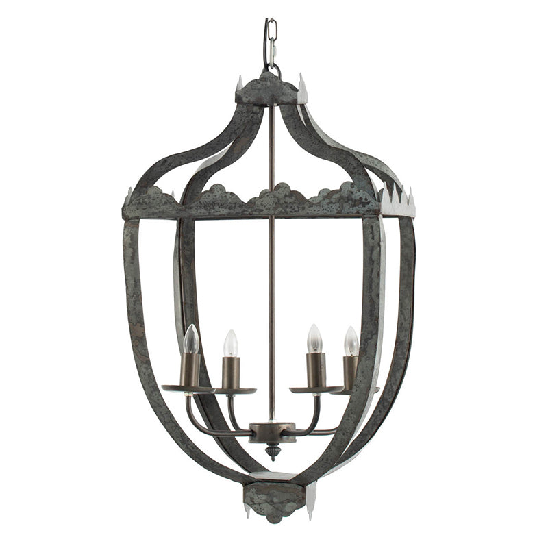 Four-Light Iron Chandelier with Adjustable Chain for Kitchen or Dining — 15.7in Square, Gray Rustic Finish