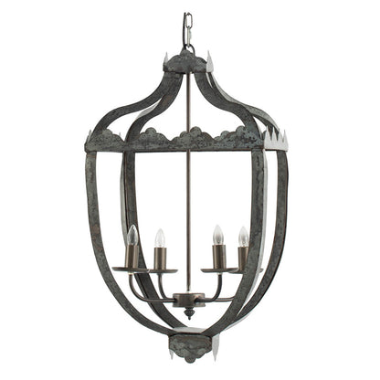 Four-Light Iron Chandelier with Adjustable Chain for Kitchen or Dining — 15.7in Square, Gray Rustic Finish