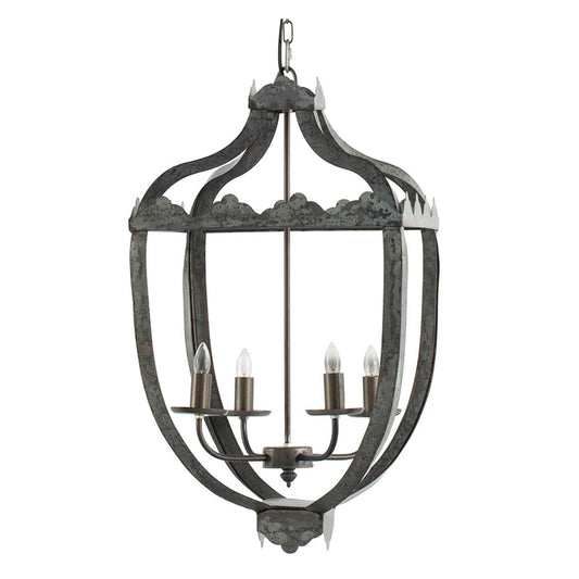 Four-Light Iron Chandelier with Adjustable Chain for Kitchen or Dining — 15.7in Square, Gray Rustic Finish