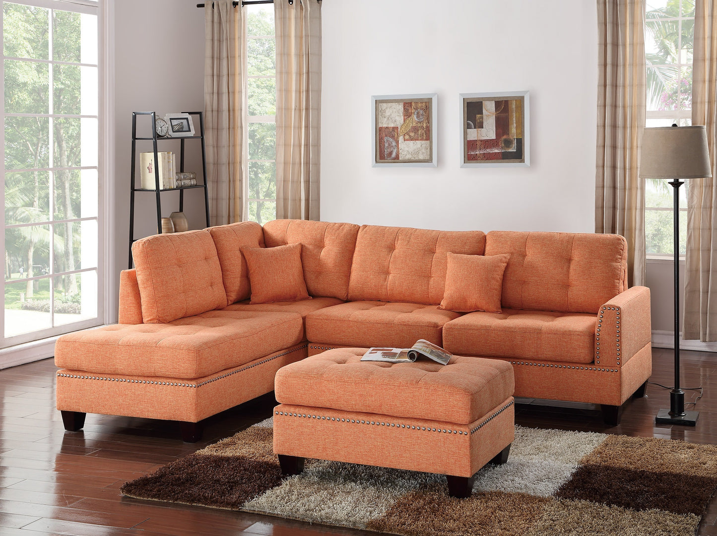 3-Piece Reversible Sectional Sofa with Chaise & Ottoman, Polyfiber, Tufted Cushions, Contemporary - Orange