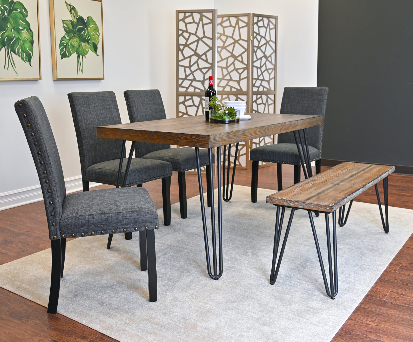 Hairpin Dining Table Set With 4 Chairs And Wood Bench Color