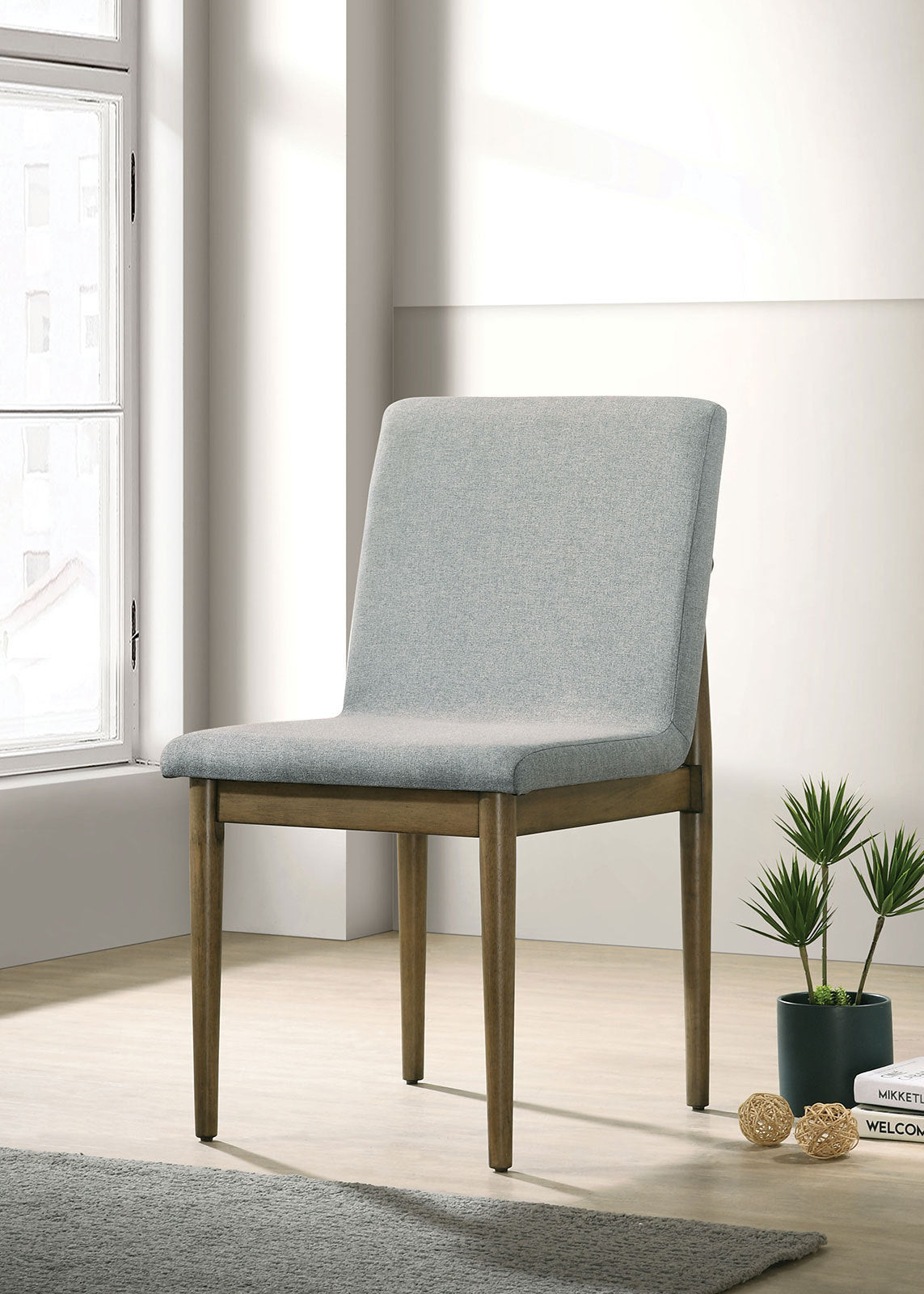 Set of 2 Mid-Century Dining Chairs, Solid Wood Frame, Upholstered Seats, 19W x 22.75D x 34.5H Light Gray