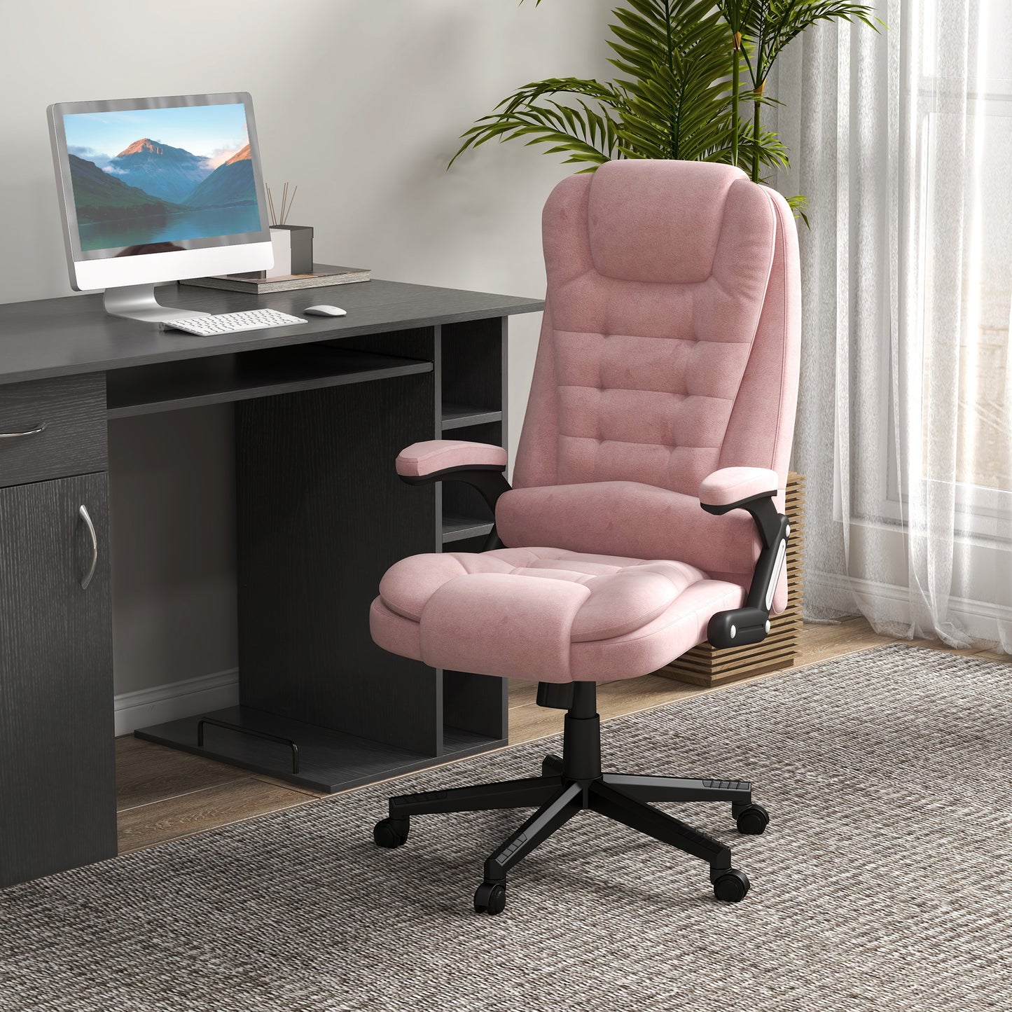 Pink Velvet Executive Office Chair with 6-Point Massage, Heat Function, and Reclining Backrest