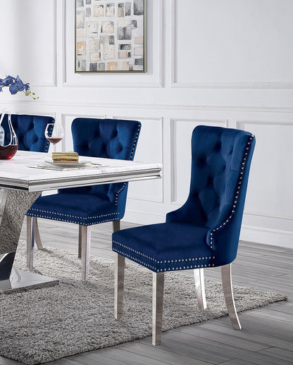 2-Piece Wingback Dining Chairs, Button-Tufted Upholstery, Solid Wood Frame, Chrome Legs - Blue