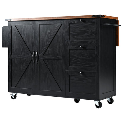 54.5" Rustic Farmhouse Kitchen Island with Power Outlet, Internal Storage, Drop Leaf, and Rolling Wheels for Home and Dining Room - Black