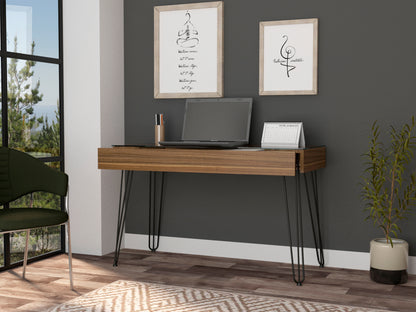 Industrial Mahogany Computer Desk with Metal Legs and Single Drawer