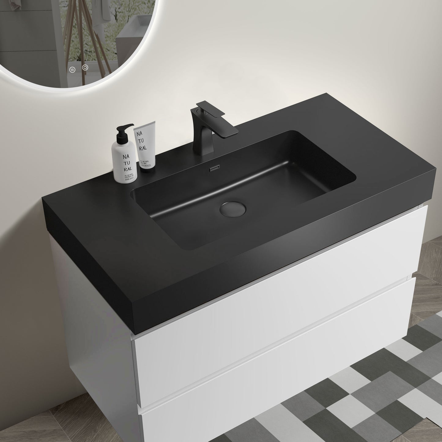Alice 36" Contemporary White Wall-Mounted Bathroom Vanity with Black Sink Basin, Spacious Storage Solution for Modern Bathrooms, Pre-assembled Design