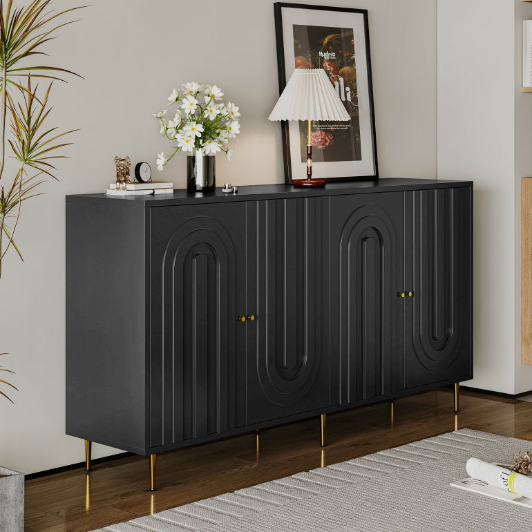 Modern Black Lacquered 4 Door Wooden Cabinet Sideboard Buffet Server Cabinet Storage Cabinet, for Living Room, Entryway, Hallway, Office, Kitchen and Dining Room