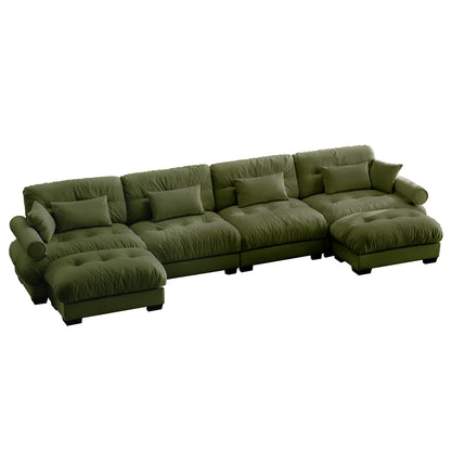 Velvet U-Shaped Sectional Sofa with Movable Ottomans, Bolstered Arms, Deep Cushions, 4-Seater Olive Green