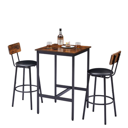 Rustic Brown Bar Table Set With 2 Stools PU Upholstered
