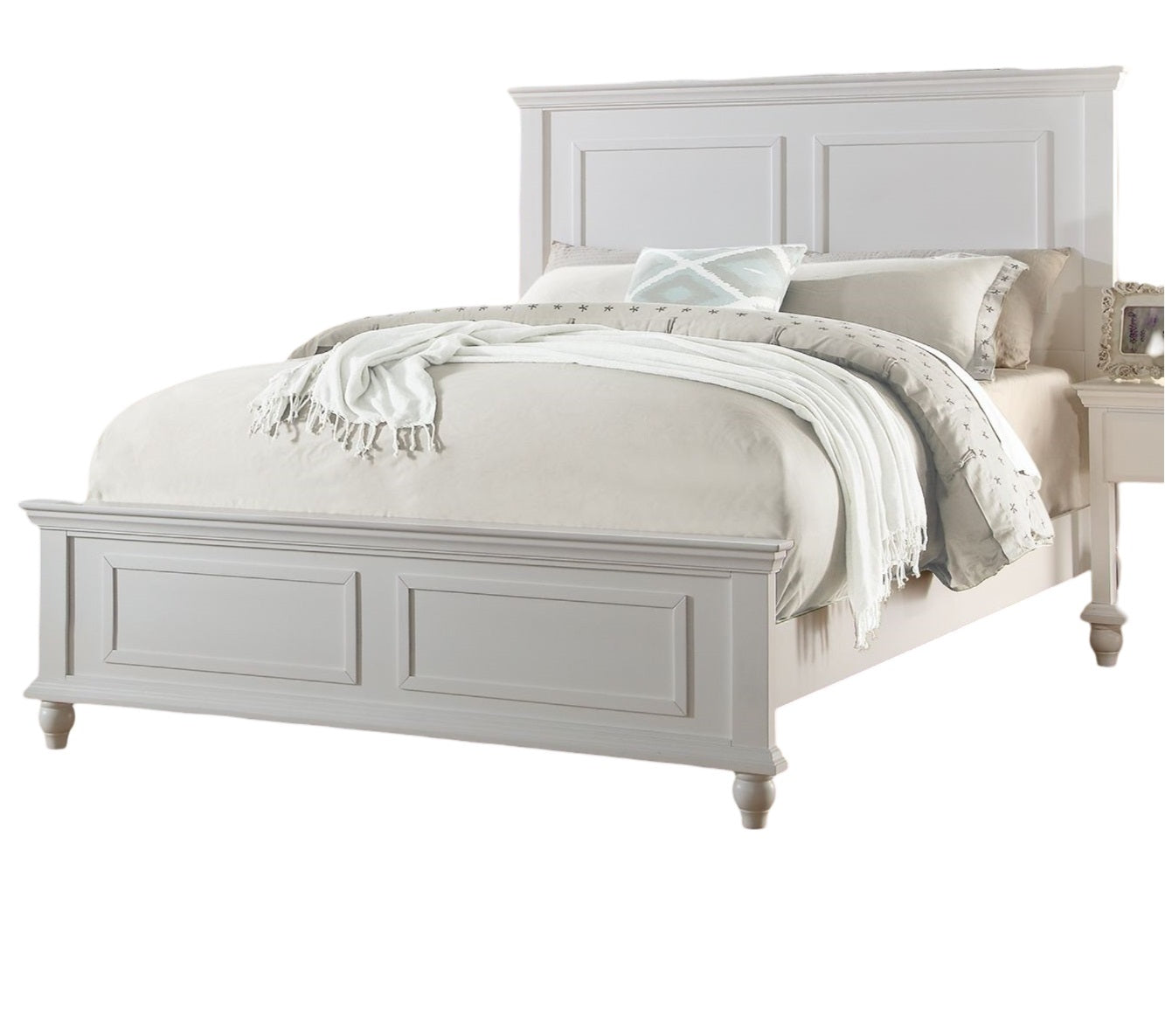 Elegant White Queen Size Bed Frame with High Panel Headboard and Footboard