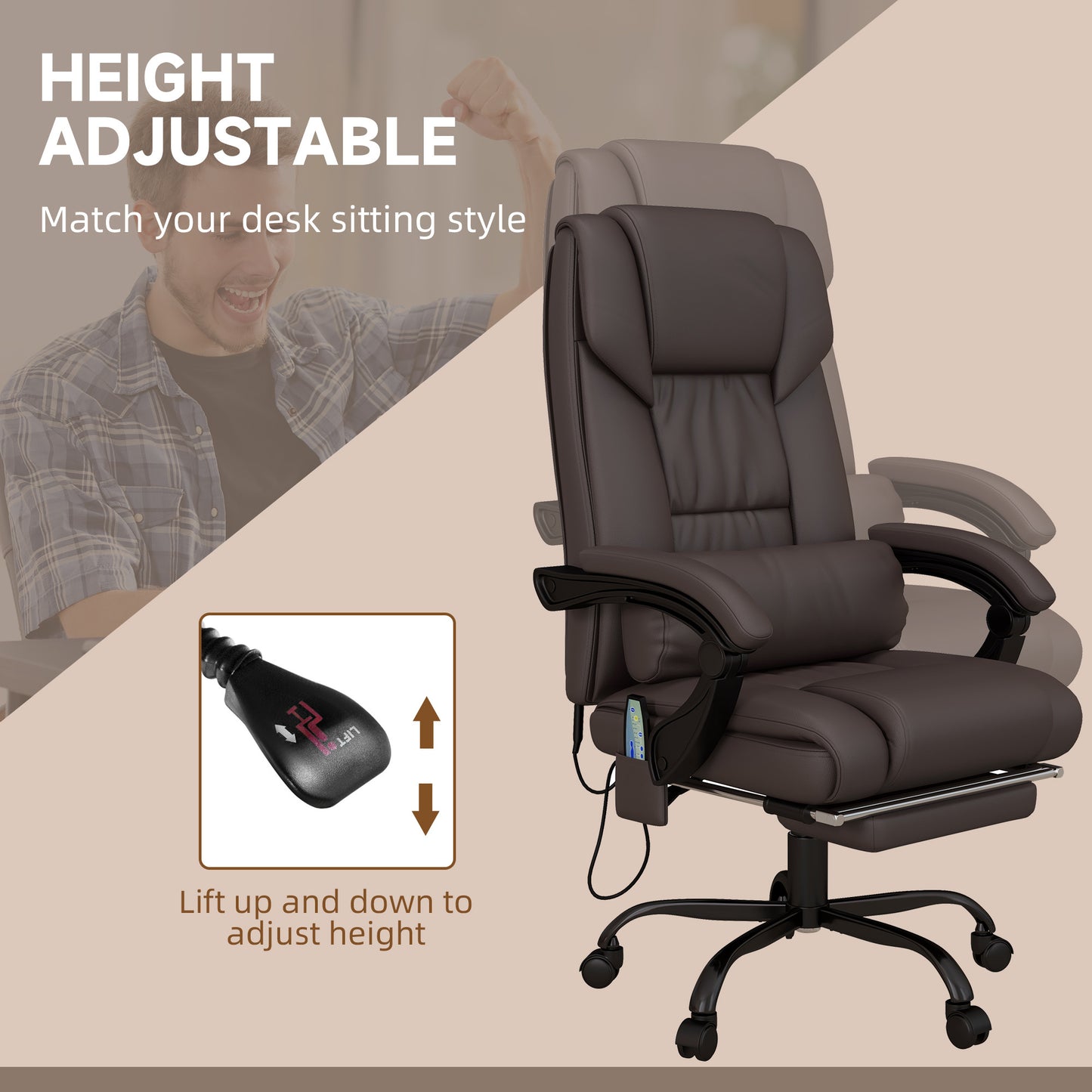 Brown High-Back Massage Office Chair with Remote Control, Adjustable Height, Reclining Footrest, and 6-Point Vibration System