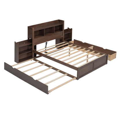Espresso Full Size Storage Bed with Trundle and Dual Drawers, Pull-Out Shelving System