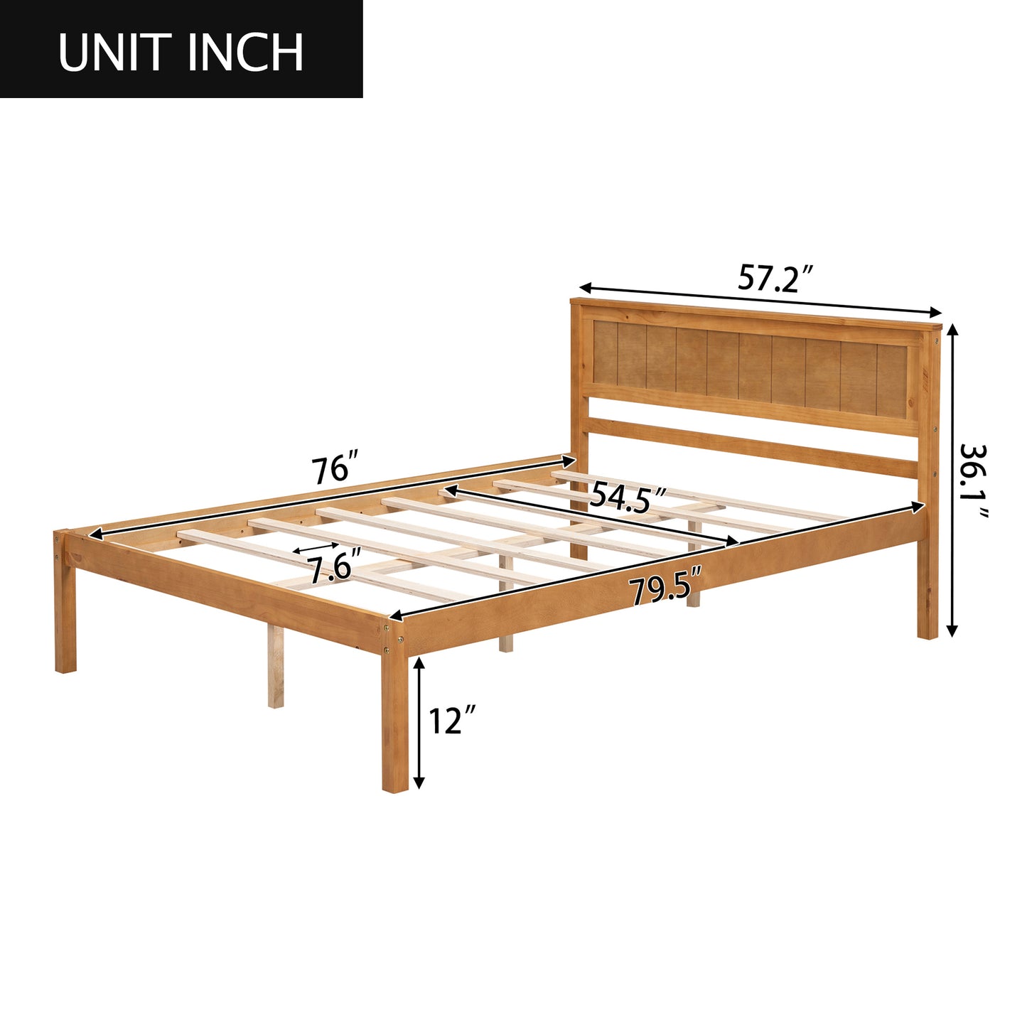Oak Full Platform Bed Frame with Headboard - No Box Spring Required, Wood Slat Support