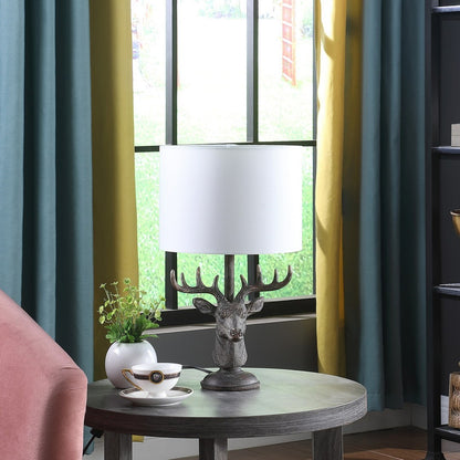 18-Inch Elk Bust Table Lamp in Polyresin with White Linen Shade, Inline On/Off, E26, 100W Max, Gray