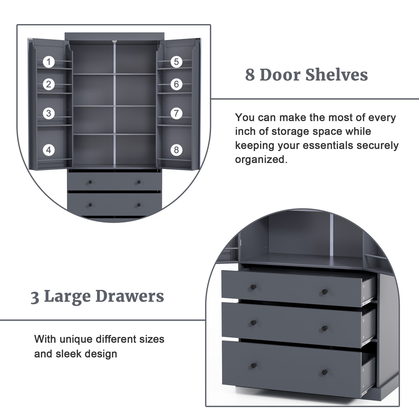 Tall Gray Farmhouse Kitchen Pantry Cabinet with Adjustable Shelves, Drawers, and Door Storage Solutions