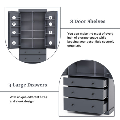 Tall Gray Farmhouse Kitchen Pantry Cabinet with Adjustable Shelves, Drawers, and Door Storage Solutions