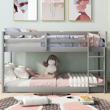Gray Twin Over Twin Floor Bunk Bed with Ladder for Kids