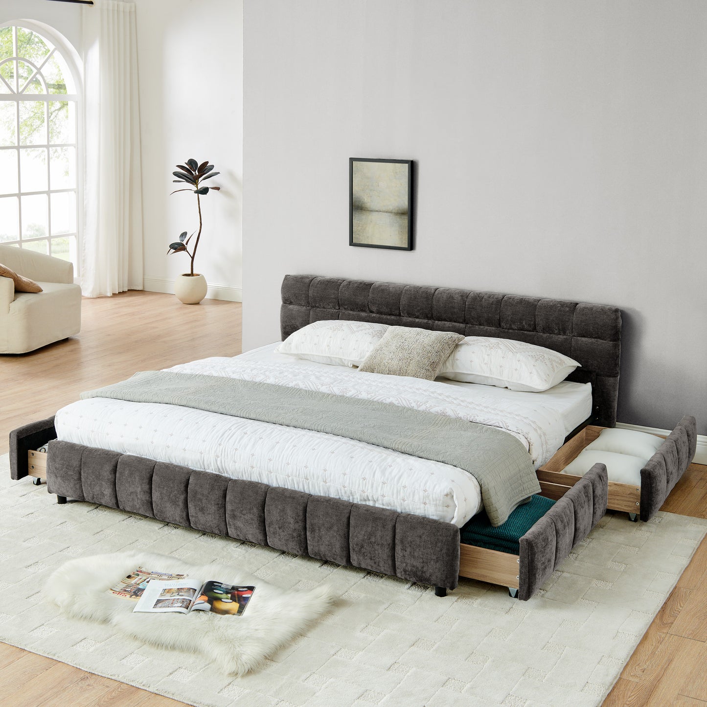 King-Size Upholstered Bed with Headboard and Solid Frame, Chenille Fabric, Storage Drawers, Dark Gray