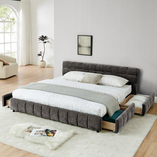 King-Size Upholstered Bed with Headboard and Solid Frame, Chenille Fabric, Storage Drawers, Dark Gray