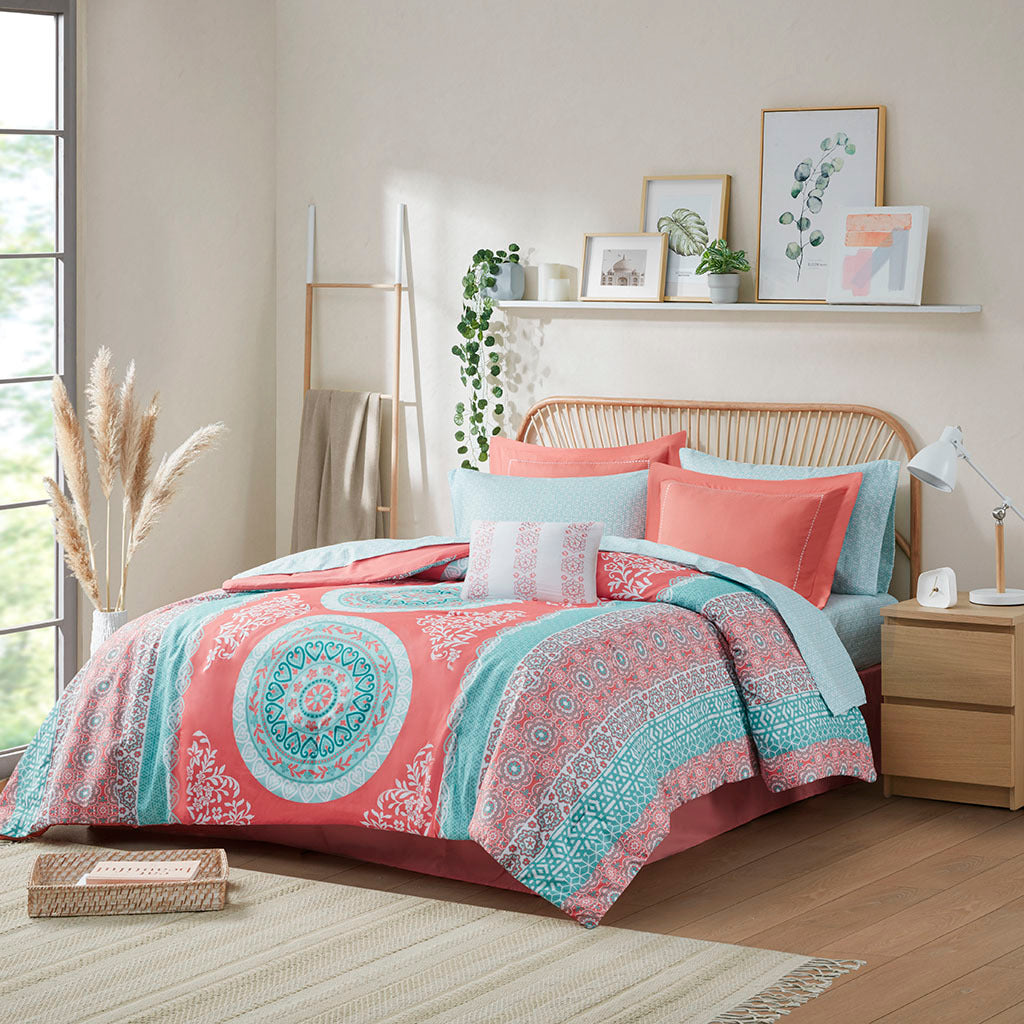 Twin XL Boho Comforter Set with Sheets - Medallion Print Microfiber Bedding, 7-Piece, Shams, Coral