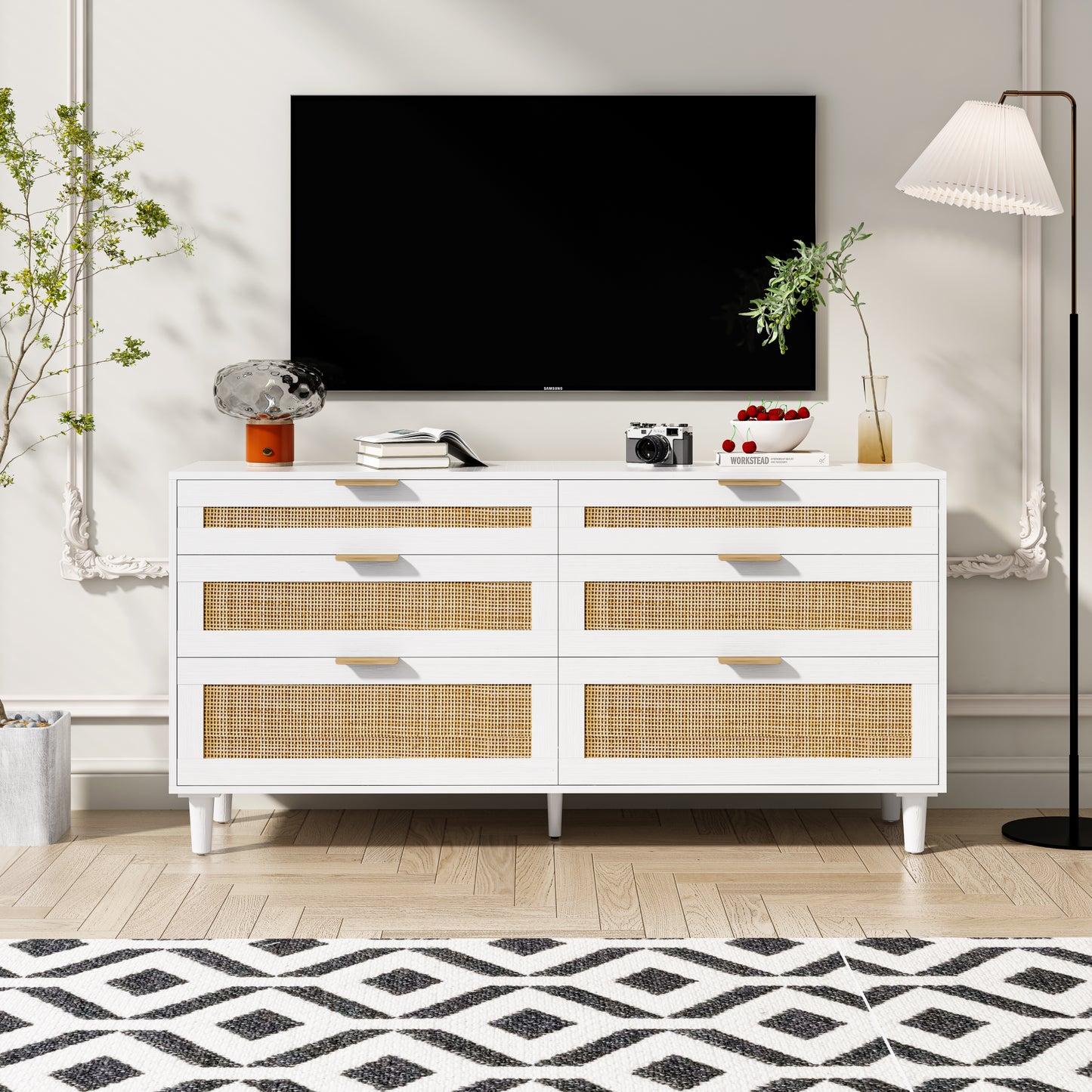 Elegant 59" White Rattan Dresser with 6 Drawers for Stylish Storage Solutions