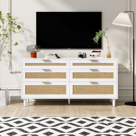 Elegant 59" White Rattan Dresser with 6 Drawers for Stylish Storage Solutions