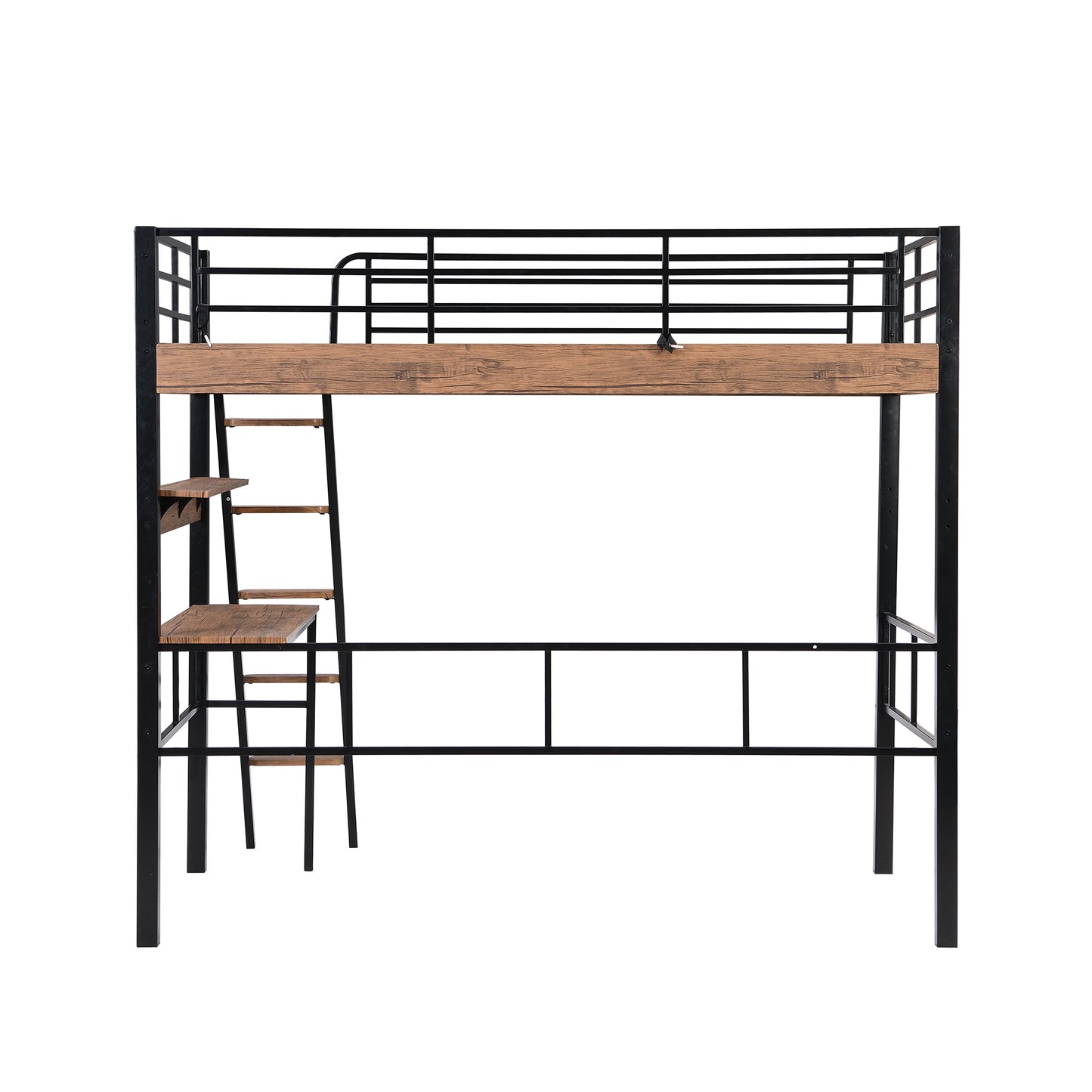 Black Metal Twin Loft Bed with Integrated Desk, Storage Shelf, and Ladder