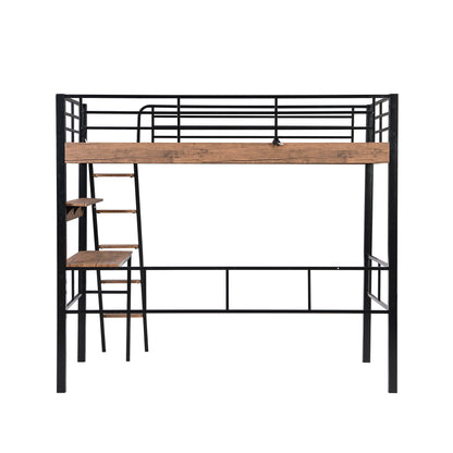 Black Metal Twin Loft Bed with Integrated Desk, Storage Shelf, and Ladder