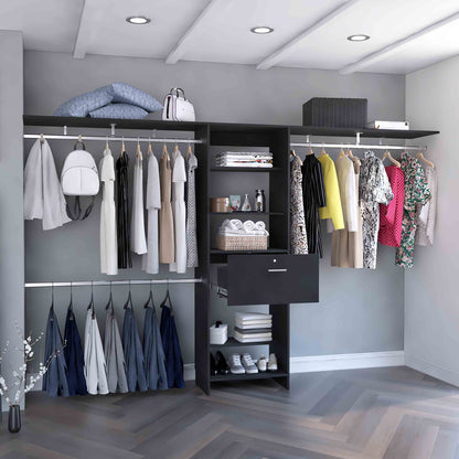 Plego Adjustable Black Closet System with Drawers, Hanging Rods, and Shelves - 70"W to 118"W