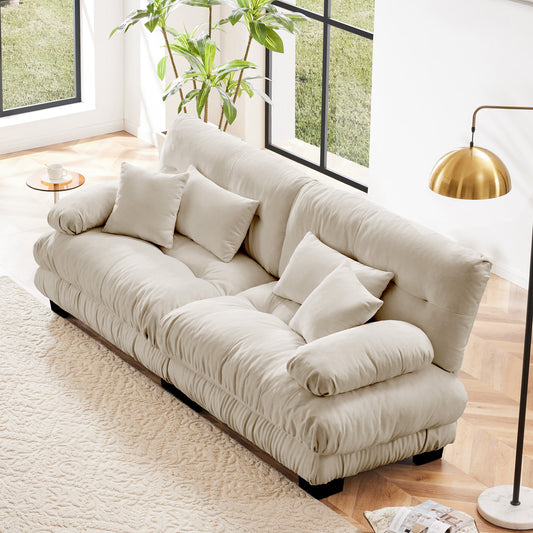 2-Seater Chenille Sofa for Living Room with 2 Lumbar and 2 Throw Pillows, Cloud-Style Couch Light Coffee