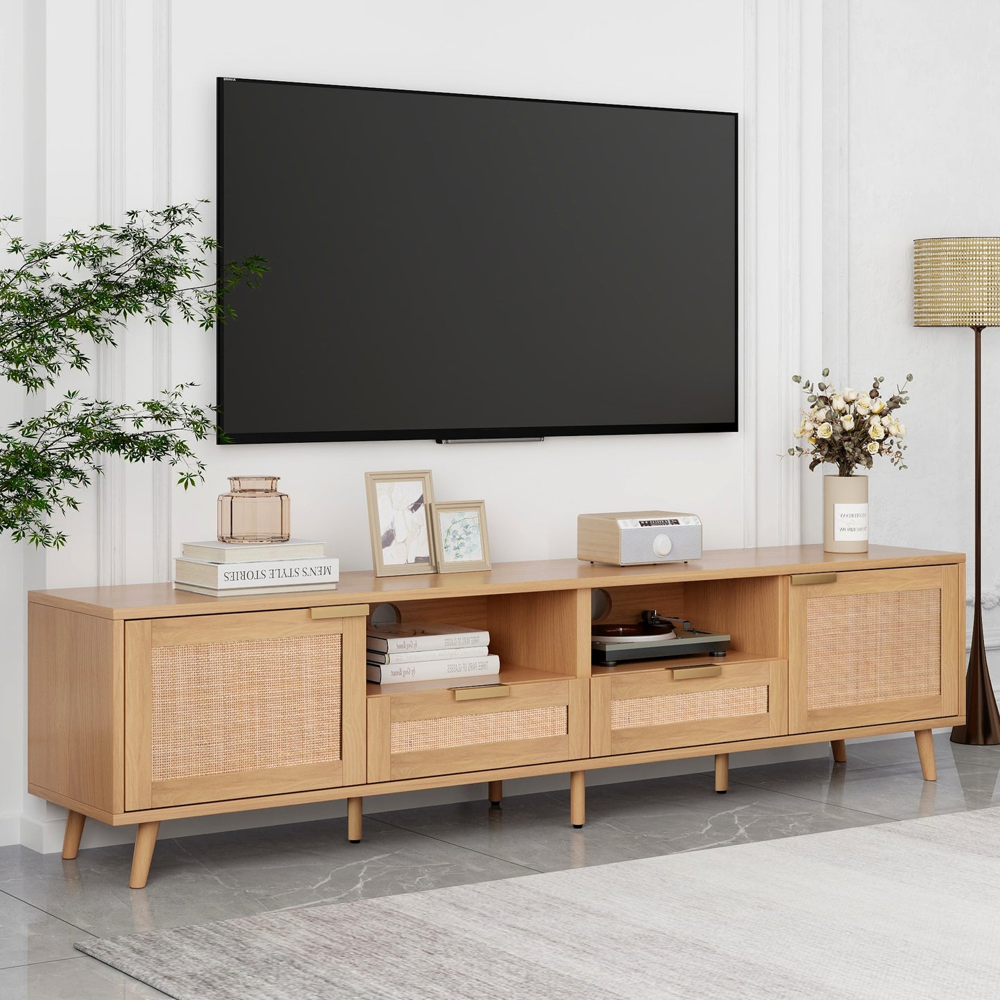 Rattan TV Stand for 85-Inch TVs – Modern Farmhouse Media Console with Cabinets, Shelves Wood Finish