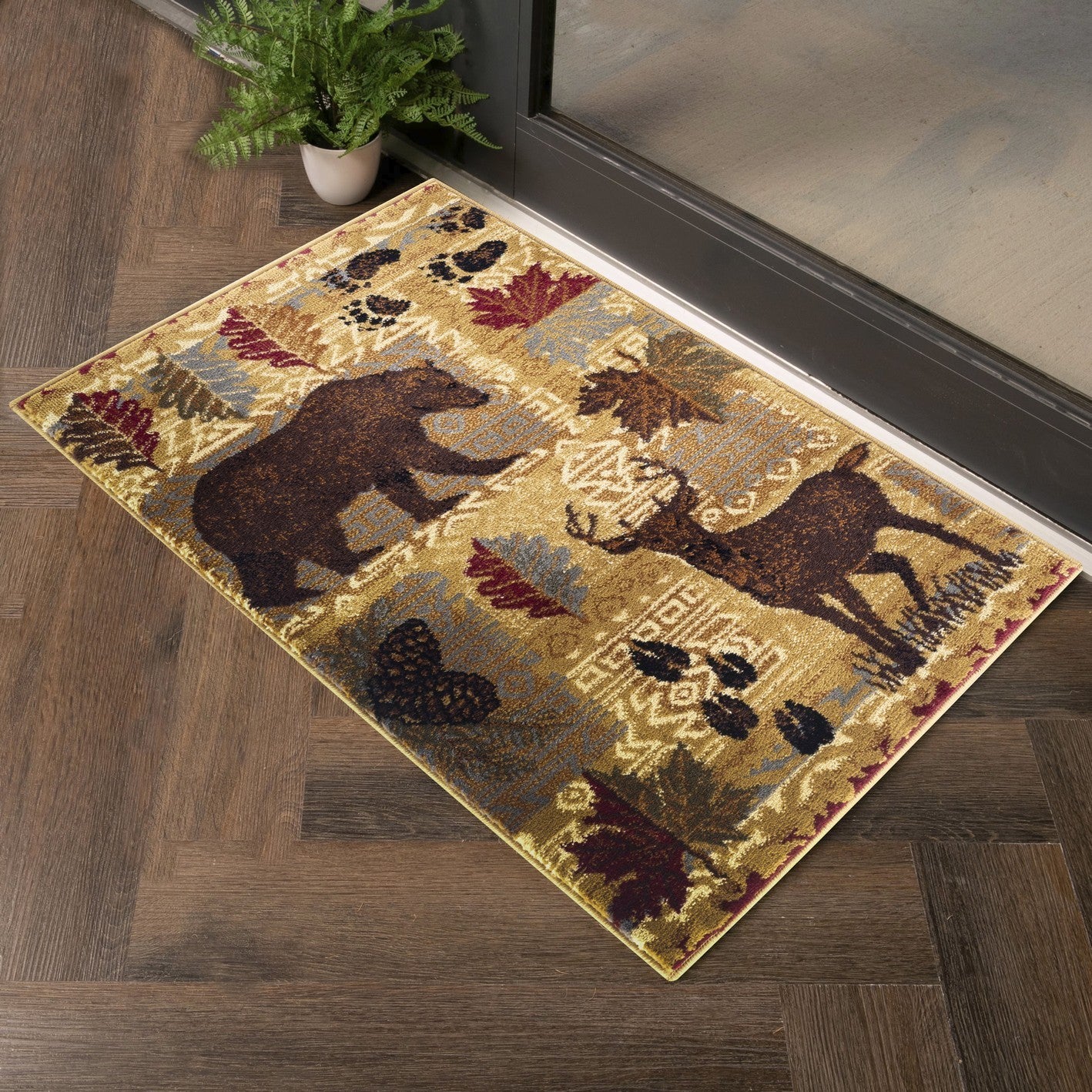 2 ft x 3 ft Lodge Area Rug with Southwestern Animal Motifs, Polypropylene, Low-Pile, High-Traffic, Beige