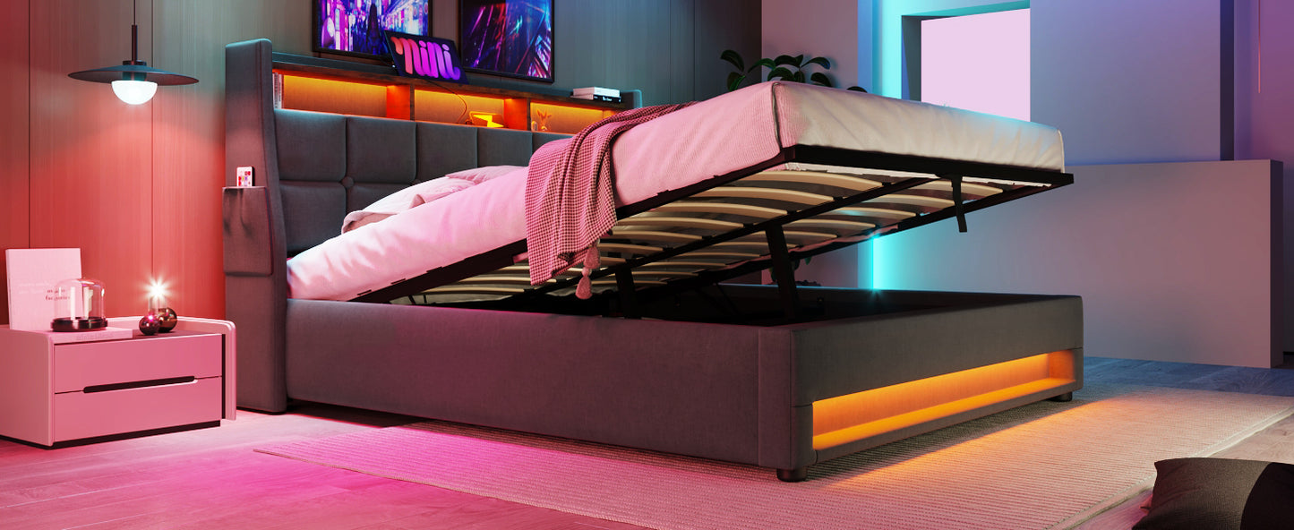 Modern Queen Size Upholstered Platform Bed with Hydraulic Storage, LED Lighting, and USB Port - Grey (Mattress Not Included)