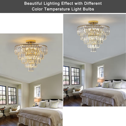 5-Tier Round Crystal Chandelier, Semi-Flush Mount, Living Room/Dining Hallway, 19.3x19.7in, Gold
