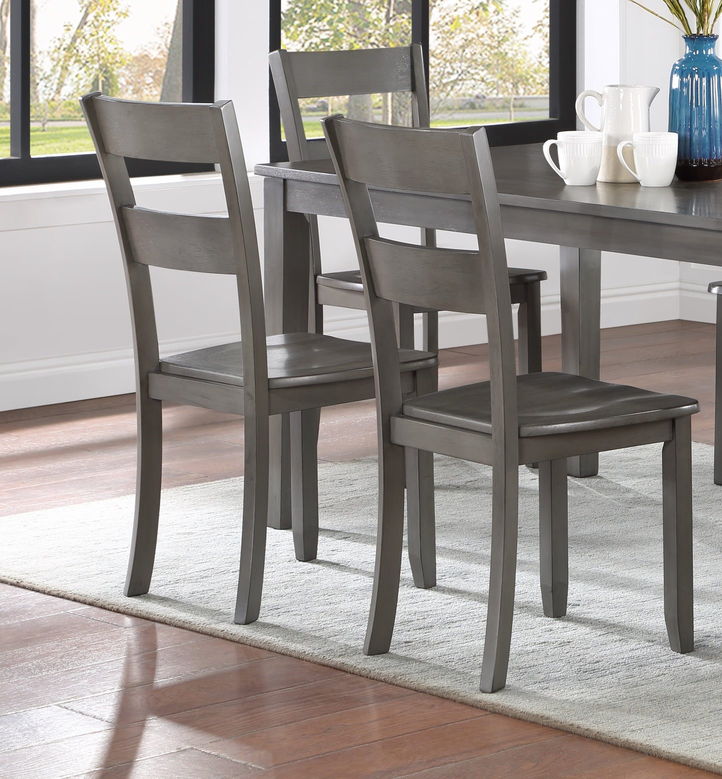 7Pc Dining Set Table Wood Base Ladder Back Gray Finish