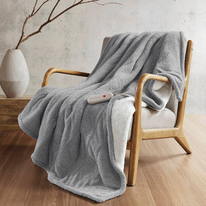 50x60 Heated Throw with Feather-Soft Sherpa Reverse, 5 Heat Settings, 3-Hour Auto Shutoff, 6ft Cord, Grey