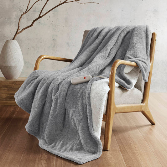 50x60 Heated Throw with Feather-Soft Sherpa Reverse, 5 Heat Settings, 3-Hour Auto Shutoff, 6ft Cord, Grey